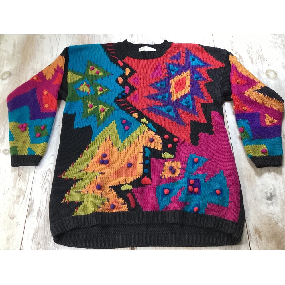 Rebecca Stone 80s Geometric Pop Art Sweater Women's‎ Black Multi Color Abstract